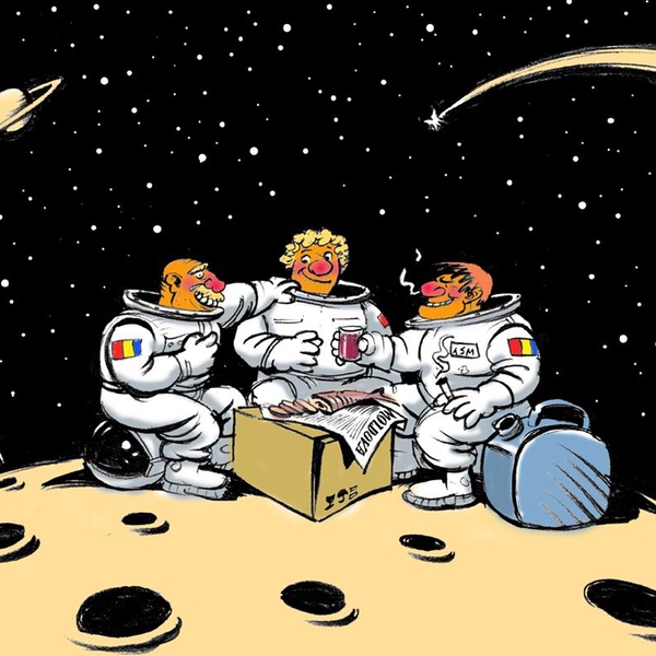 Ilustrație oficială Planeta Moldova: trei cosmonauți cu steaguri moldovenești pe umăr, pe Lună